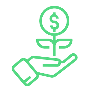 Green line icon of a hand holding a growing dollar symbol plant, representing cost efficiency, value, or financial growth. 