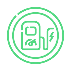 Green line icon of a fuel or energy pump with a lightning bolt, representing fueling, energy, or power supply.