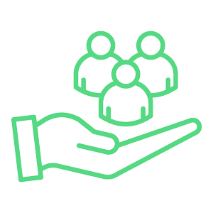 Green line icon of a hand supporting a group of people, representing customer care, support, or community services. 