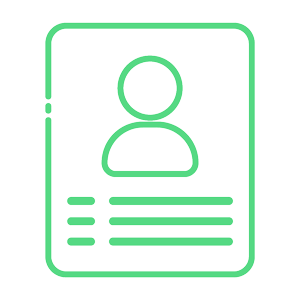 Green line icon of a user profile card, representing identity, credentials, or personal information. 