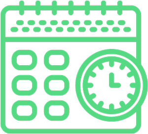 Green line icon of a calendar with a clock, representing scheduling or delivery timing. 