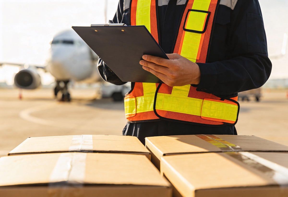 Airport cargo worker in a safety vest checking packages against a clipboard with an aircraft in the background.