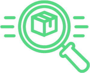 Green line icon of a package under a magnifying glass, representing shipment tracking or inspection.