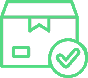 Green line icon of a package with a checkmark, representing confirmed delivery or verified shipment.