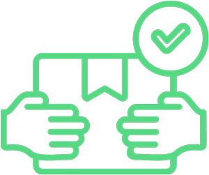 Green line icon of hands holding a package with a checkmark, representing secure or confirmed delivery.