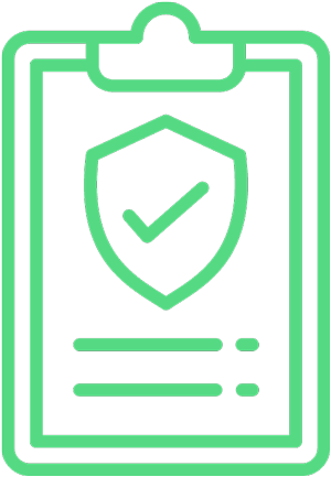 Green line icon of a clipboard with a shield and checkmark, representing compliance, safety, or verified documentation.