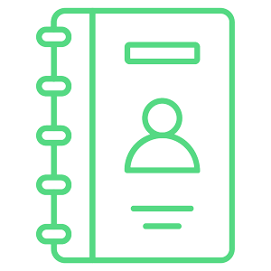 Green line icon of a contact book or directory with a user profile, representing contacts or customer information. 