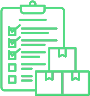 Green line icon of a checklist on a clipboard with stacked packages, representing order fulfillment or shipment verification. 