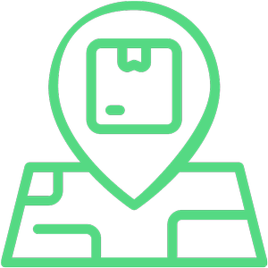 Green line icon of a package within a location pin on a map, representing delivery destination or shipment tracking. 