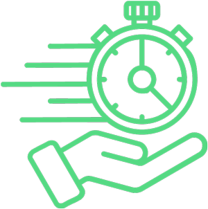 Green line icon with hand holding stopwatch