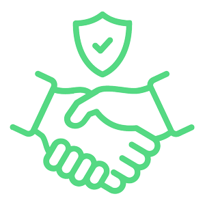 Green line icon with hands shaking and checkmark badge