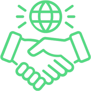Green line icon of a handshake with a globe above, representing global partnership or international collaboration.