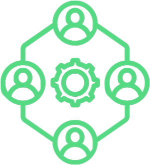 Green line icon of connected people around a central gear, representing teamwork, collaboration, or network operations. 