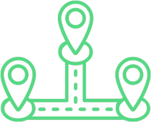 Green line icon of three location pins connected by routes, representing logistics, routing, or delivery network. 
