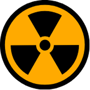 Black and yellow radiation hazard symbol with three triangular blades around a central circle. 