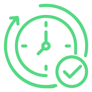 Green line icon of a clock with circular arrows and a checkmark, representing timely delivery or on-time service.