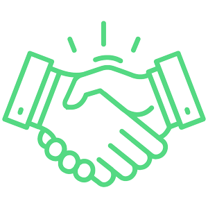 Green line icon of a handshake with rays above, representing partnership, agreement, or successful collaboration.