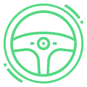 Green line icon of a steering wheel, representing transportation, driving, or fleet services. 