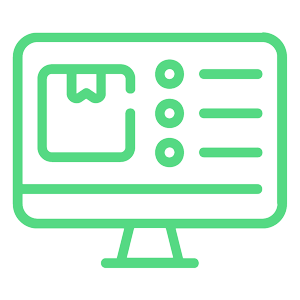Green line icon of a computer monitor displaying a package and list, representing order tracking or shipment management. 