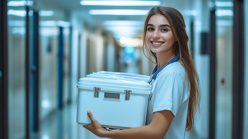 Women nurse smiling and holding medical equipment cases
