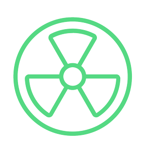 Green line icon of a radiation hazard symbol, representing radioactive or hazardous materials.