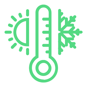 Green line icon of a thermometer with sun and snowflake, representing temperature control or cold chain management. 