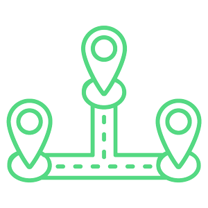 Green line icon of connected location pins and routes, representing logistics, routing, or delivery network. 