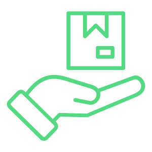 Green line icon of a hand holding a package, representing delivery, handling, or customer service. 
