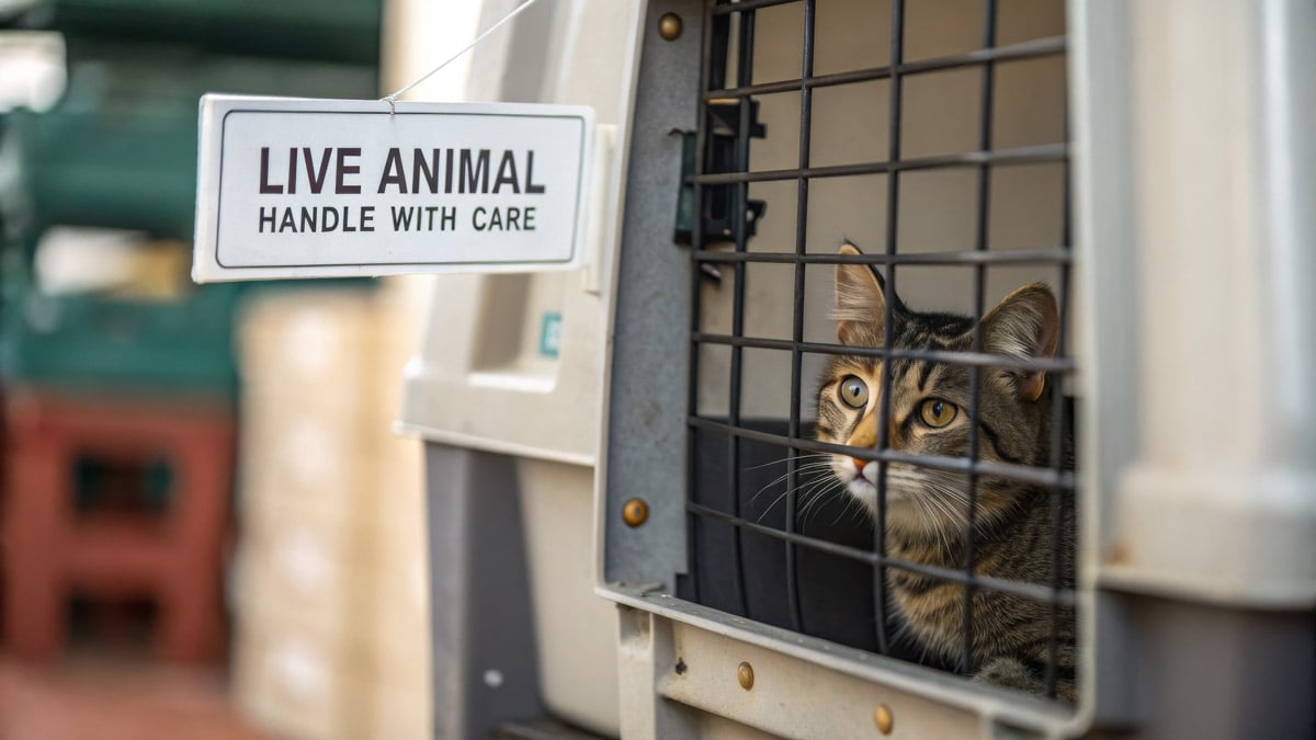 Cat inside a pet carrier with a sign reading “Live Animal – Handle with Care,” indicating animal transport. 