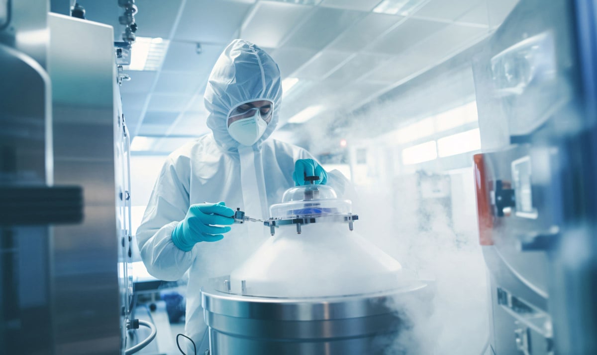 Technician in full protective gear handling a cryogenic storage container emitting cold vapor in a laboratory.