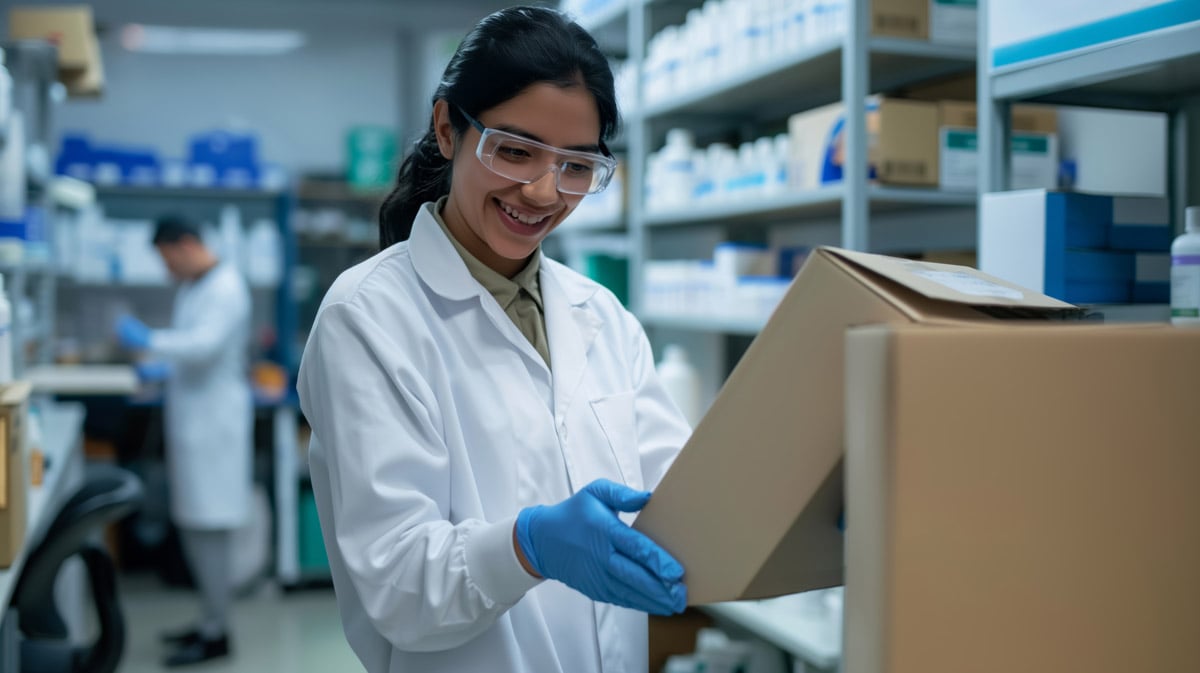 Lab technician in protective gear inspecting a package in a pharmaceutical or medical supply setting.