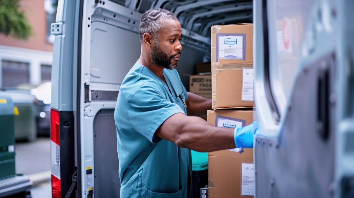Healthcare worker in scrubs unloading labeled medical supply boxes from a delivery van. 