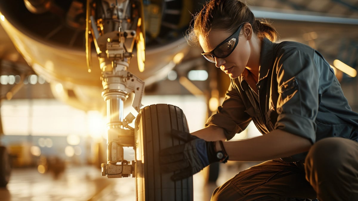 Aircraft technician wearing safety glasses inspecting and working on landing gear inside a hangar.