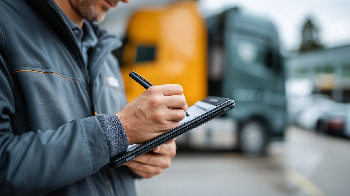 Delivery driver writing on a clipboard in front of a truck, confirming shipment or delivery details. 
