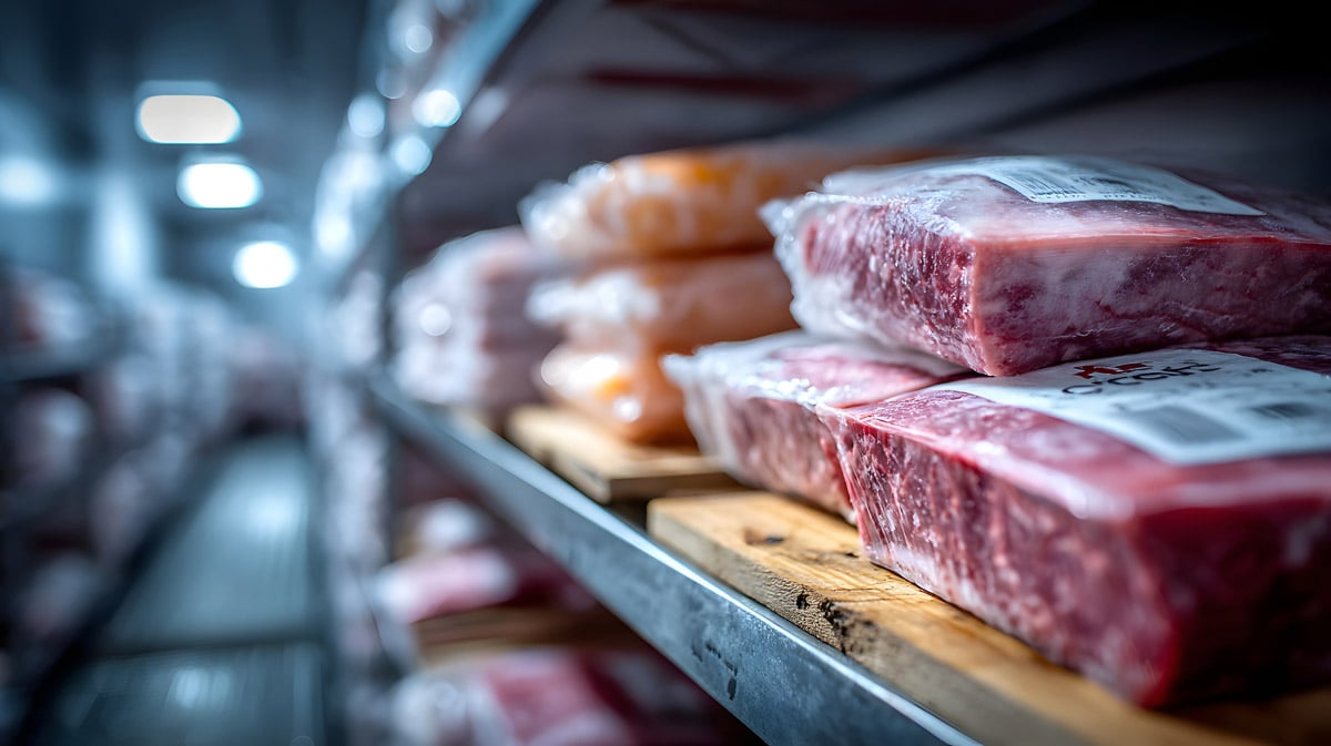 Frozen packaged meat stored on shelves in a cold storage warehouse. 