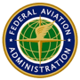 Federal Aviation Administration seal featuring a gold winged emblem over a green globe, surrounded by a blue ring with the agency name. 