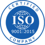 ISO 9001:2015 certification badge with blue circular design and text reading “Certified Company.”