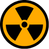 Black and yellow radiation hazard symbol with three triangular blades around a central circle. 
